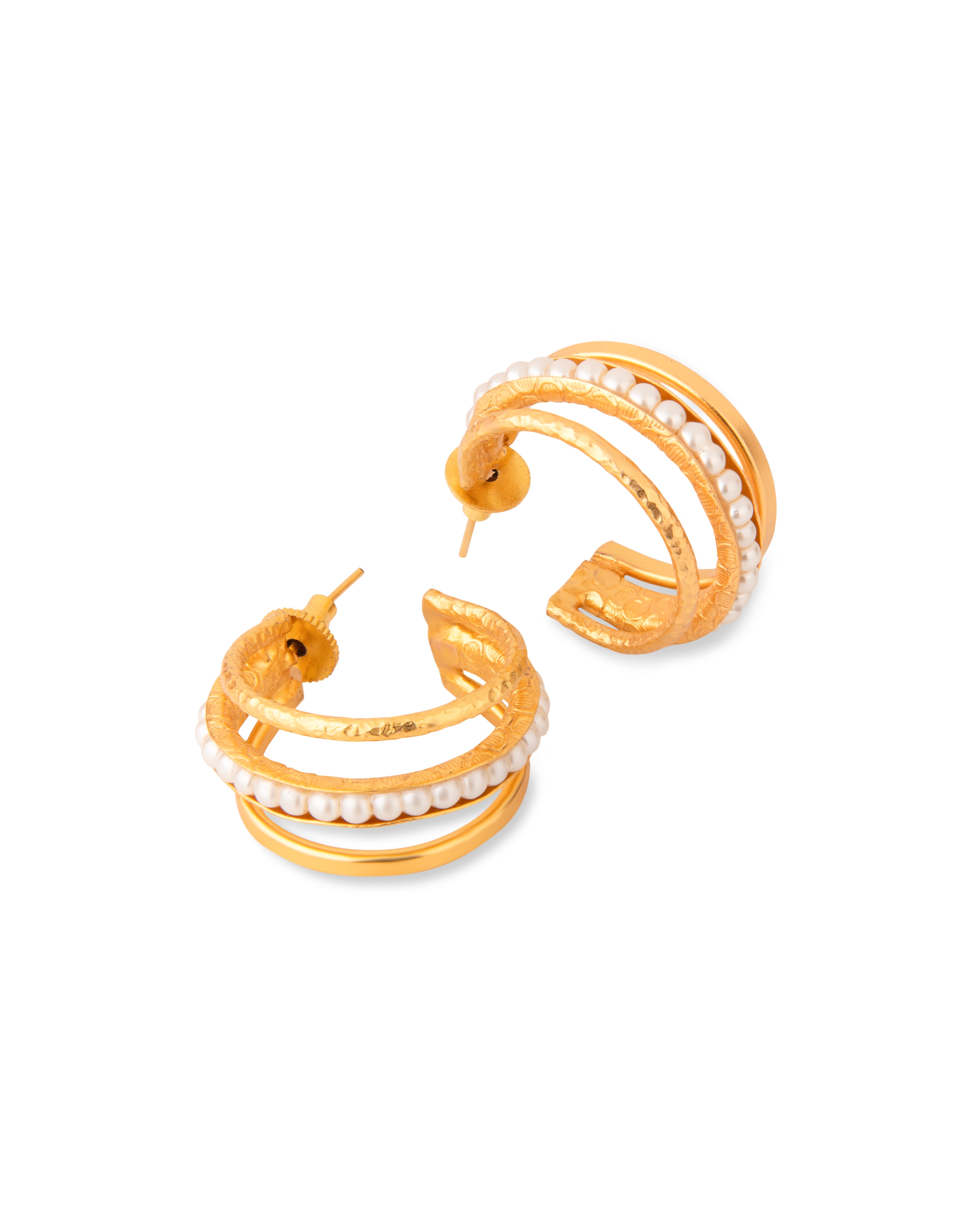 18K Gold Plated C Shape Pearl Earrings Multi Layered Brass Hoops