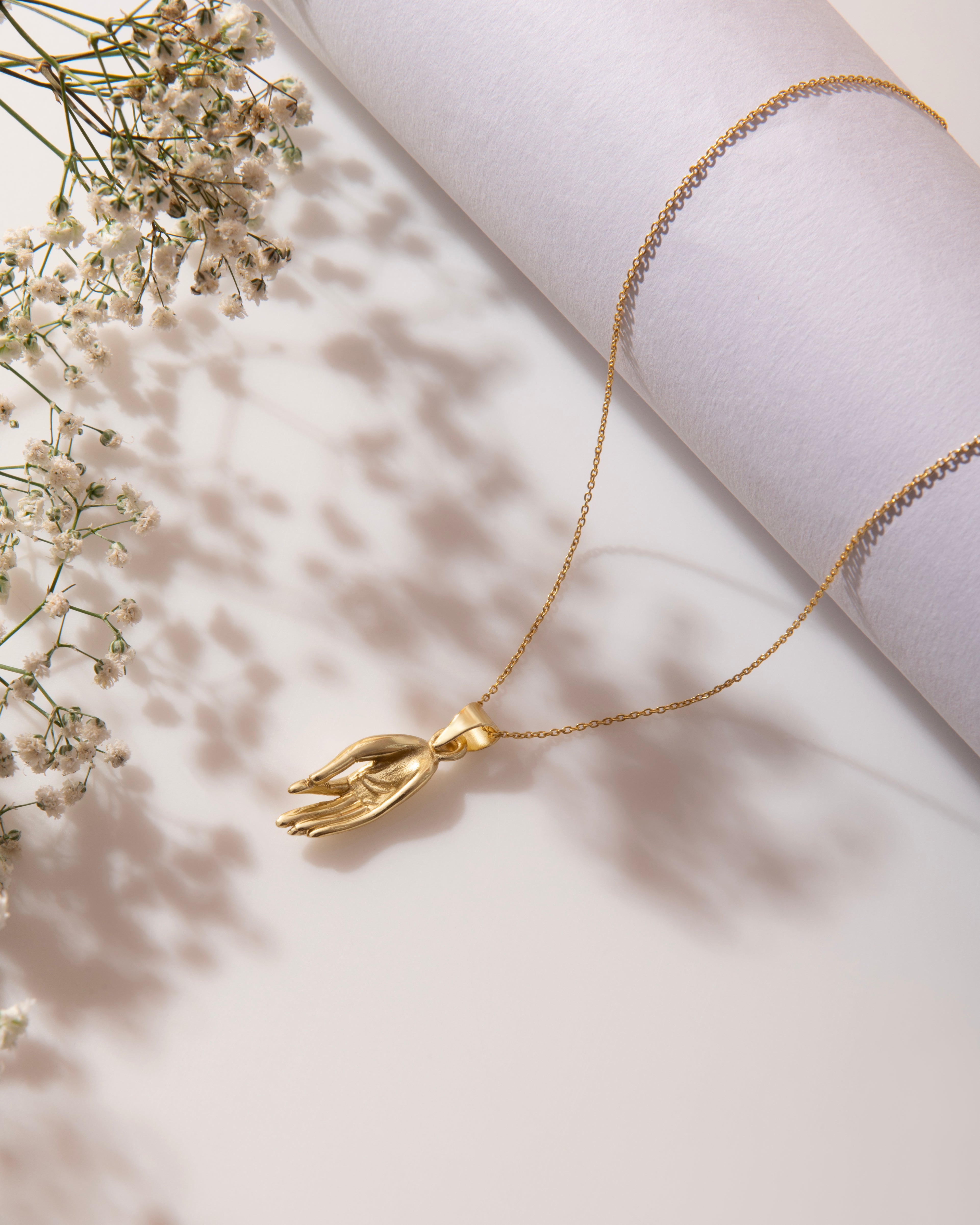Gold Plated Brass Dhyan Mudra Hand Necklace, Minimalist Yoga Pendant
