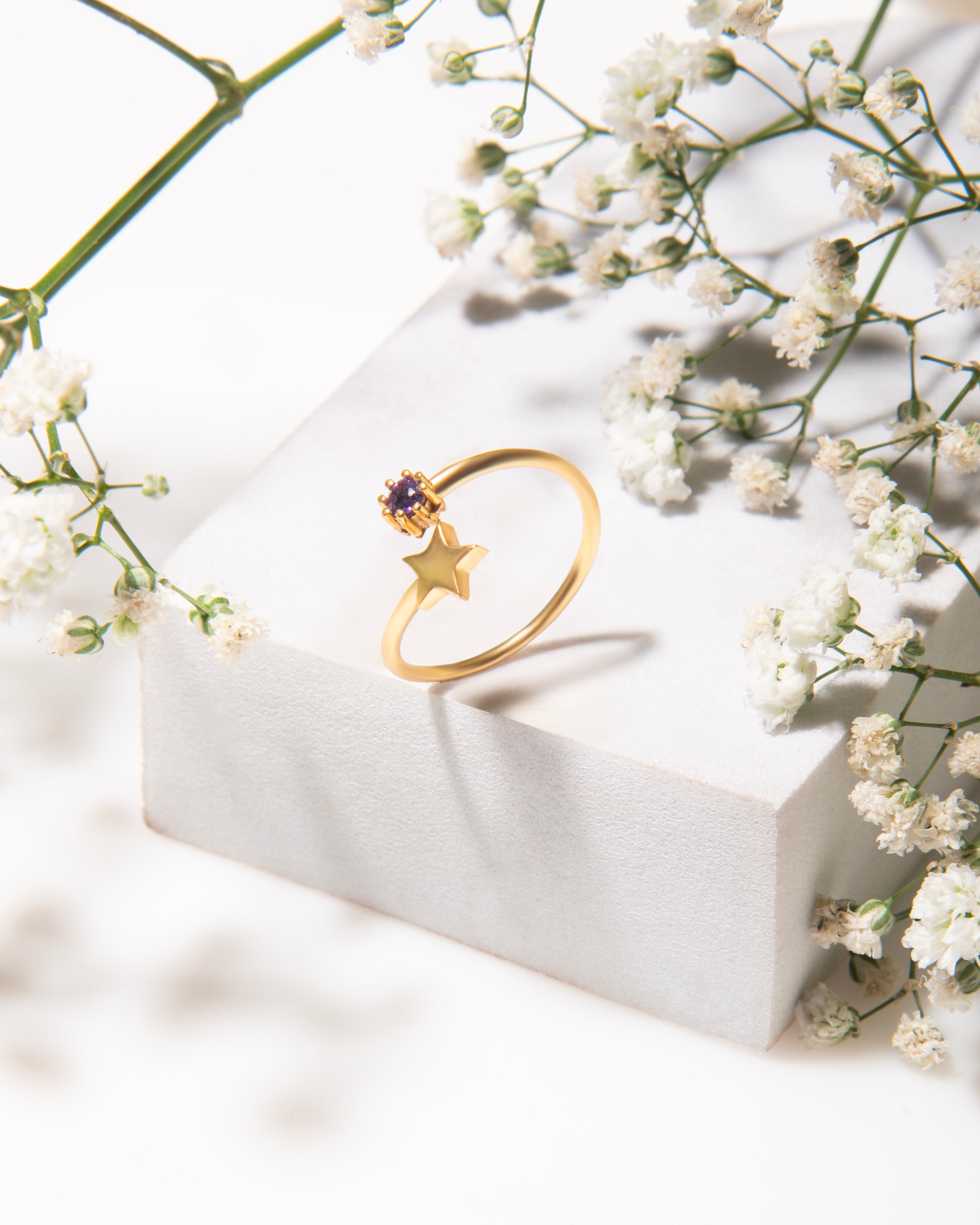 18k Gold Plated Star Amethyst Ring, Adjustable Minimalist Design