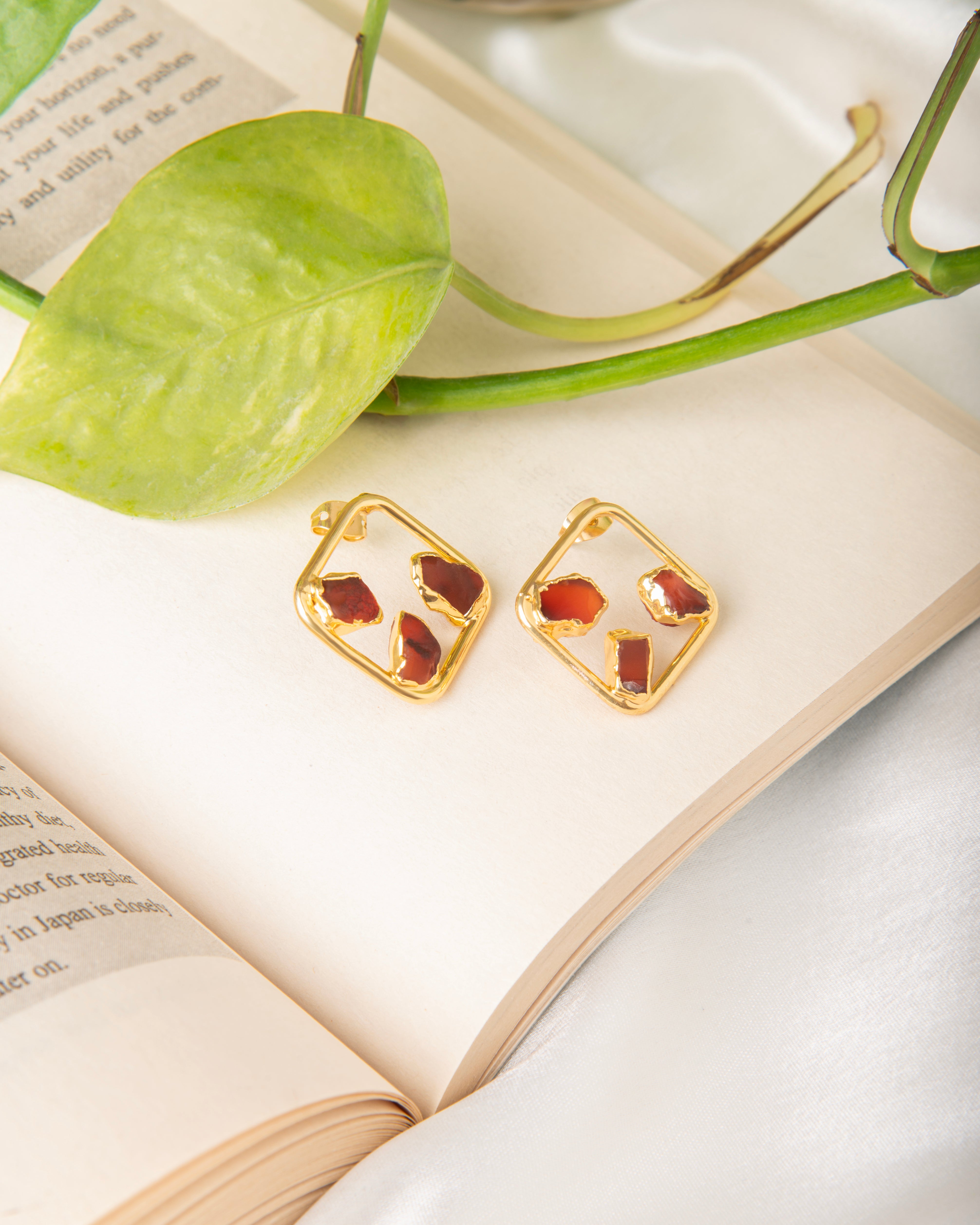 Raw Carnelian Gemstone Studs 18K Gold Plated Healing Crystal Earrings