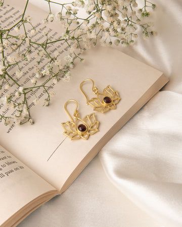 Lotus Flower Earrings with Amethyst Stone 18K Gold Plated Hoop Earrings