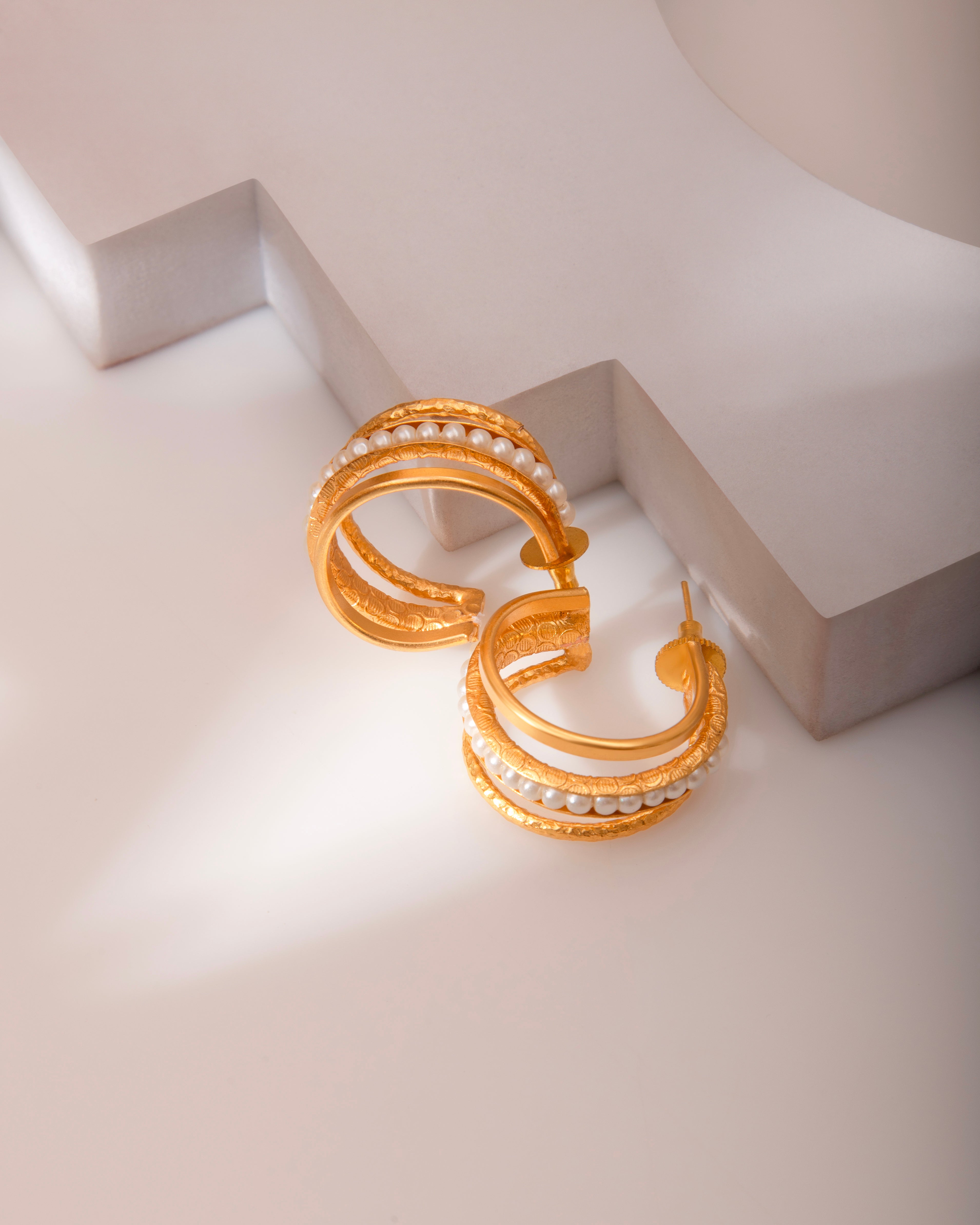 18K Gold Plated C Shape Pearl Earrings Multi Layered Brass Hoops