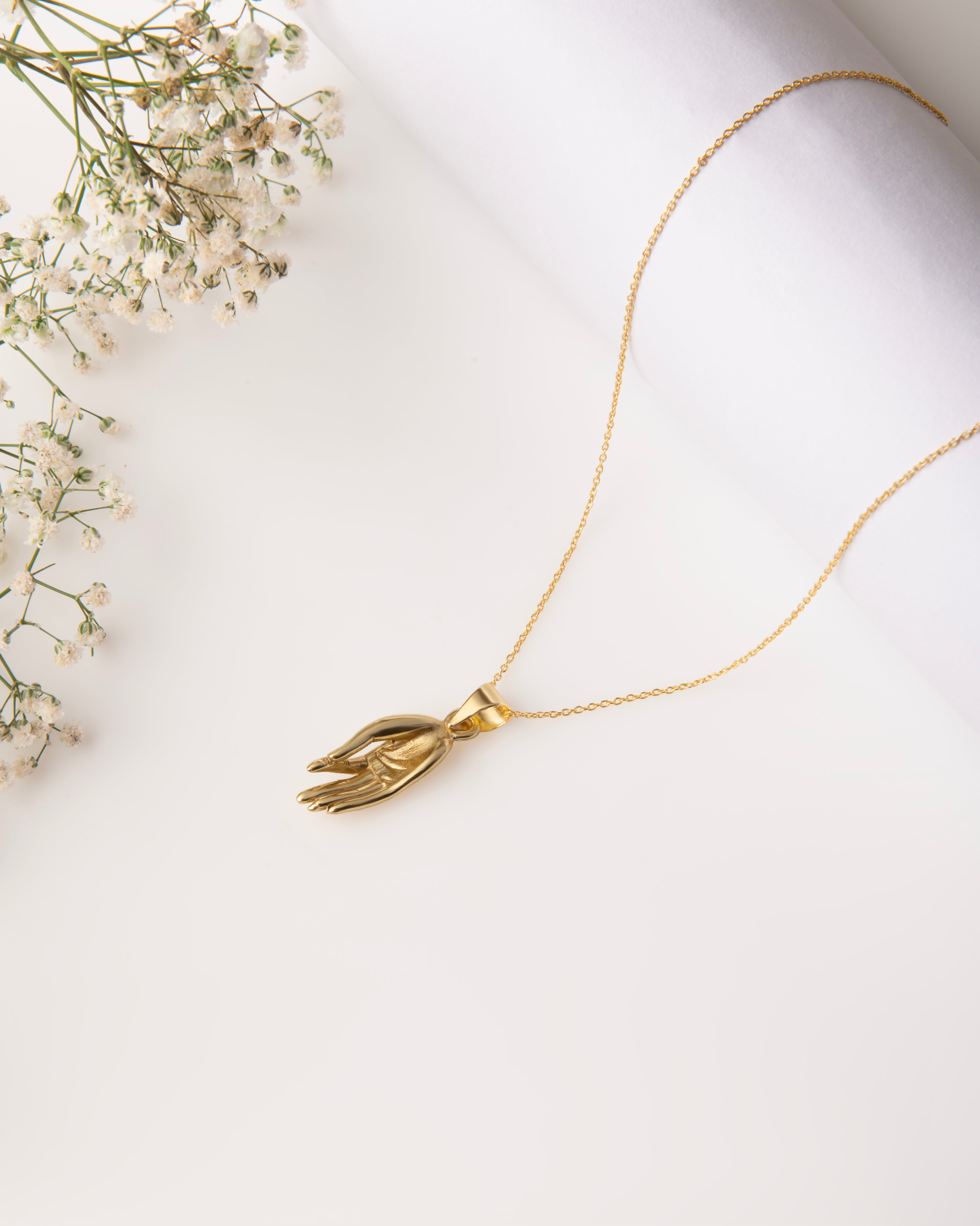Gold Plated Brass Dhyan Mudra Hand Necklace, Minimalist Yoga Pendant
