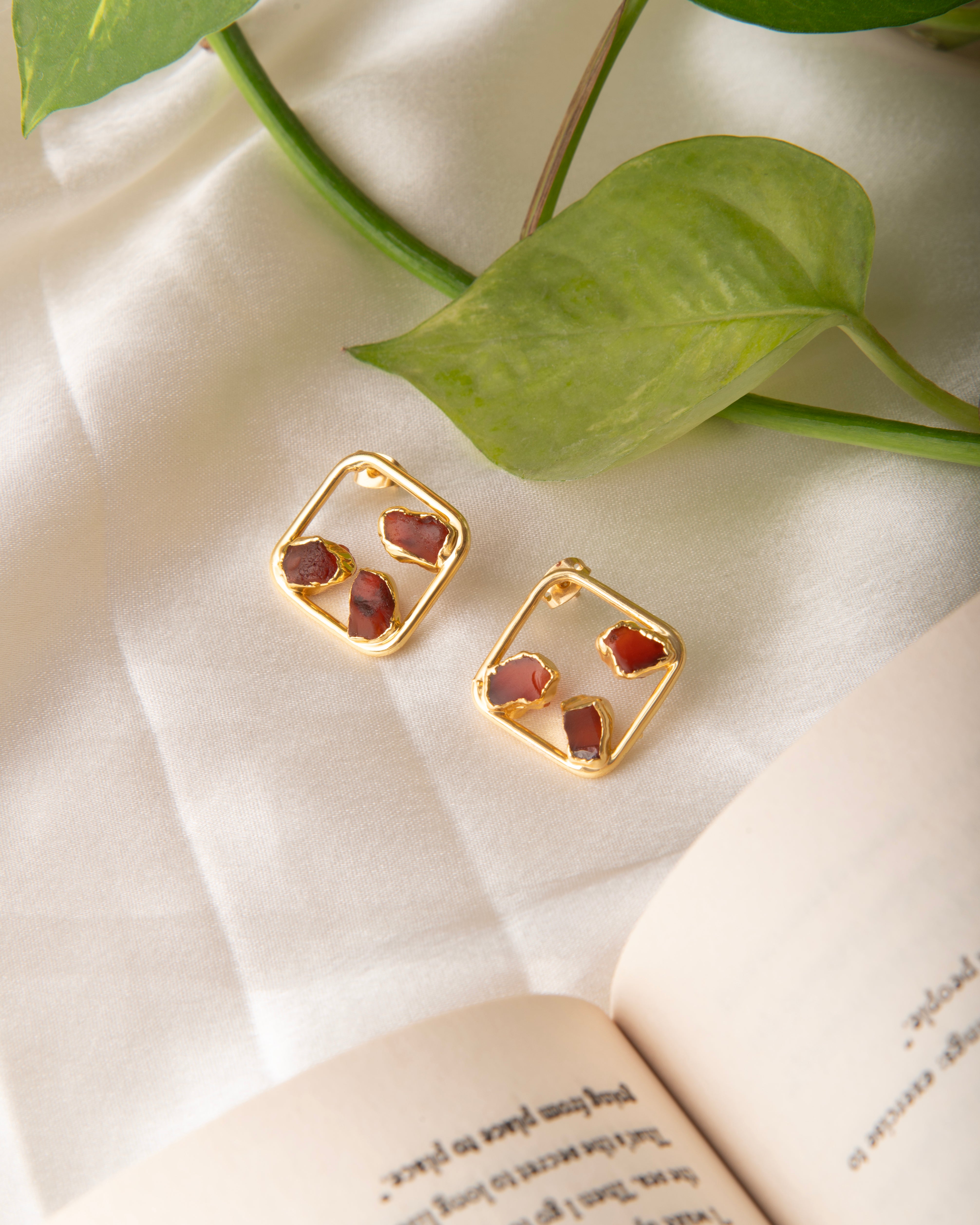 Raw Carnelian Gemstone Studs 18K Gold Plated Healing Crystal Earrings