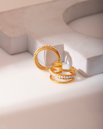 18K Gold Plated C Shape Pearl Earrings Multi Layered Brass Hoops
