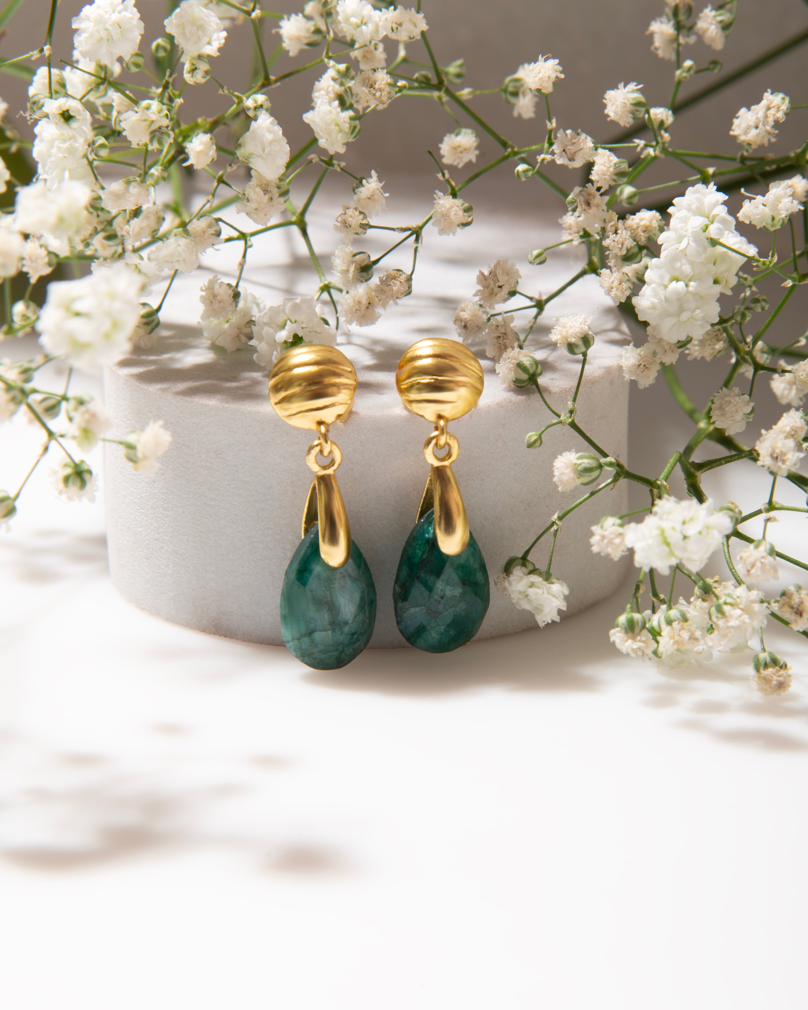 Emerald Teardrop Dangle Earrings, 18k Gold Plated May Birthstone Jewelry