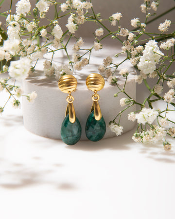 Emerald Teardrop Dangle Earrings, 18k Gold Plated May Birthstone Jewelry