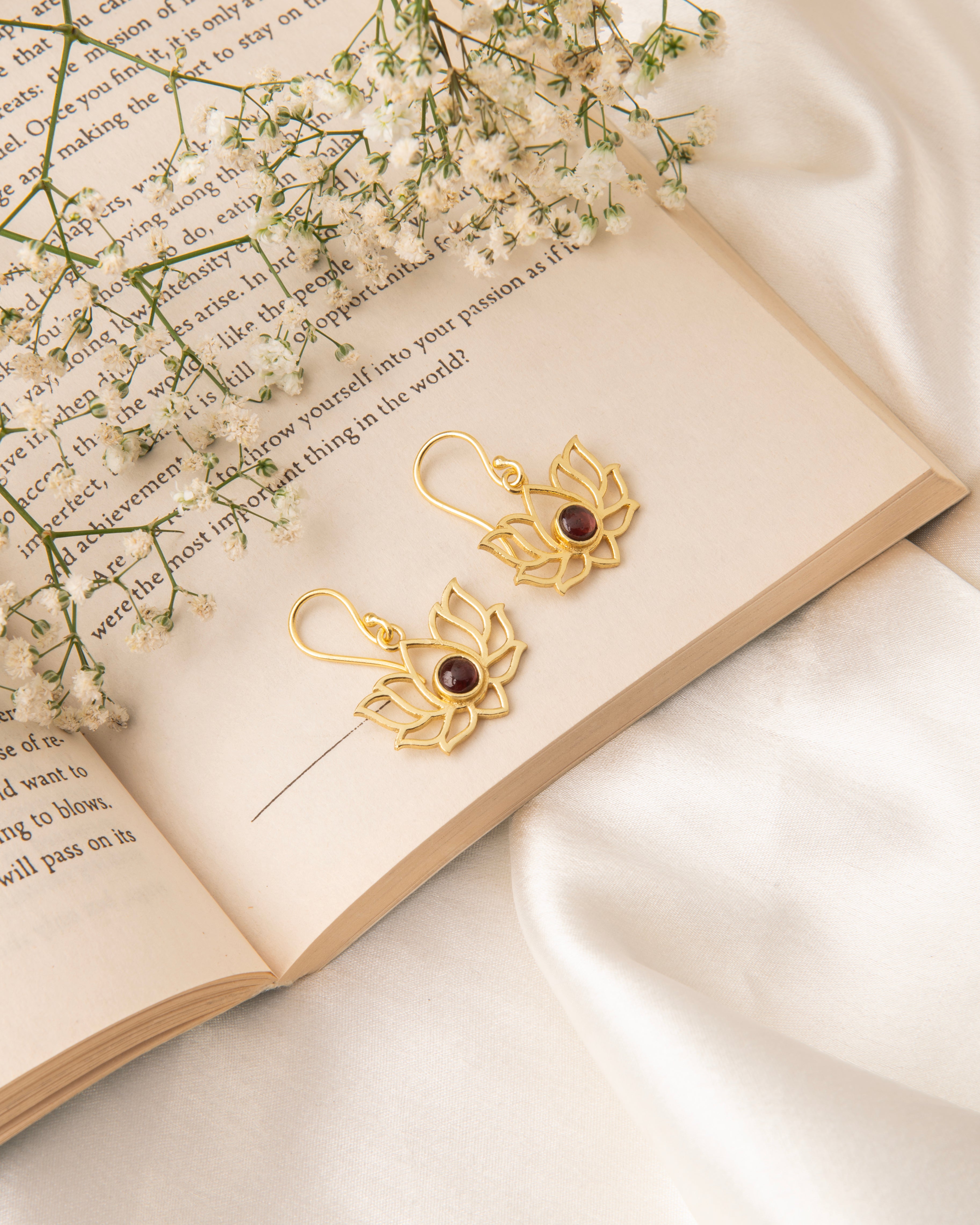 Lotus Flower Earrings with Amethyst Stone 18K Gold Plated Hoop Earrings