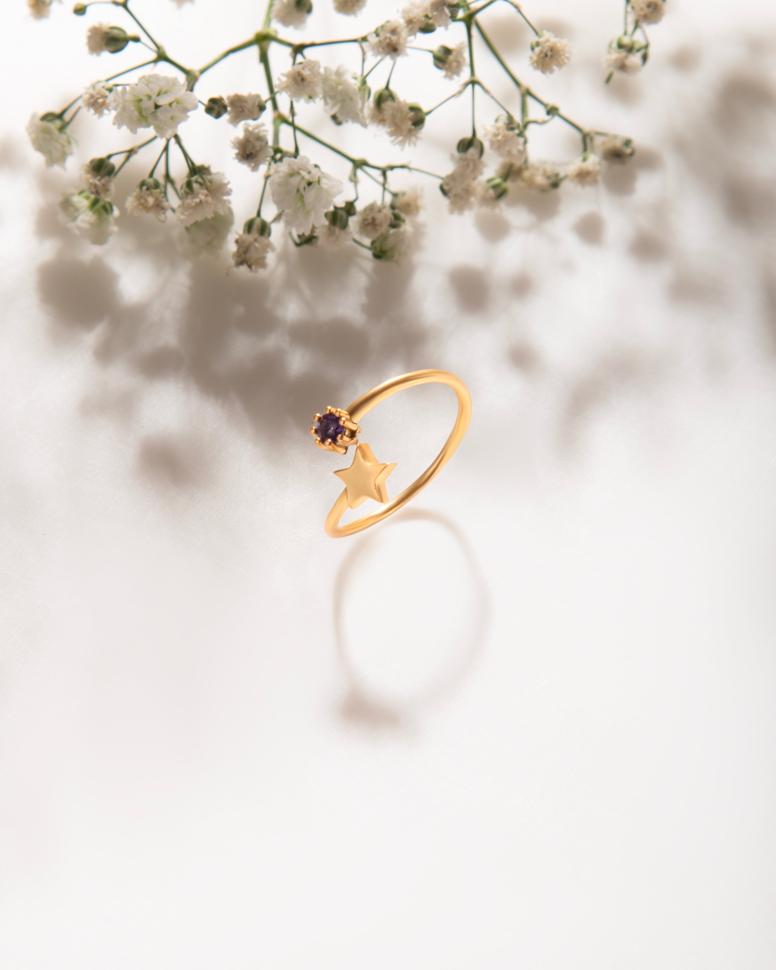 18k Gold Plated Star Amethyst Ring, Adjustable Minimalist Design