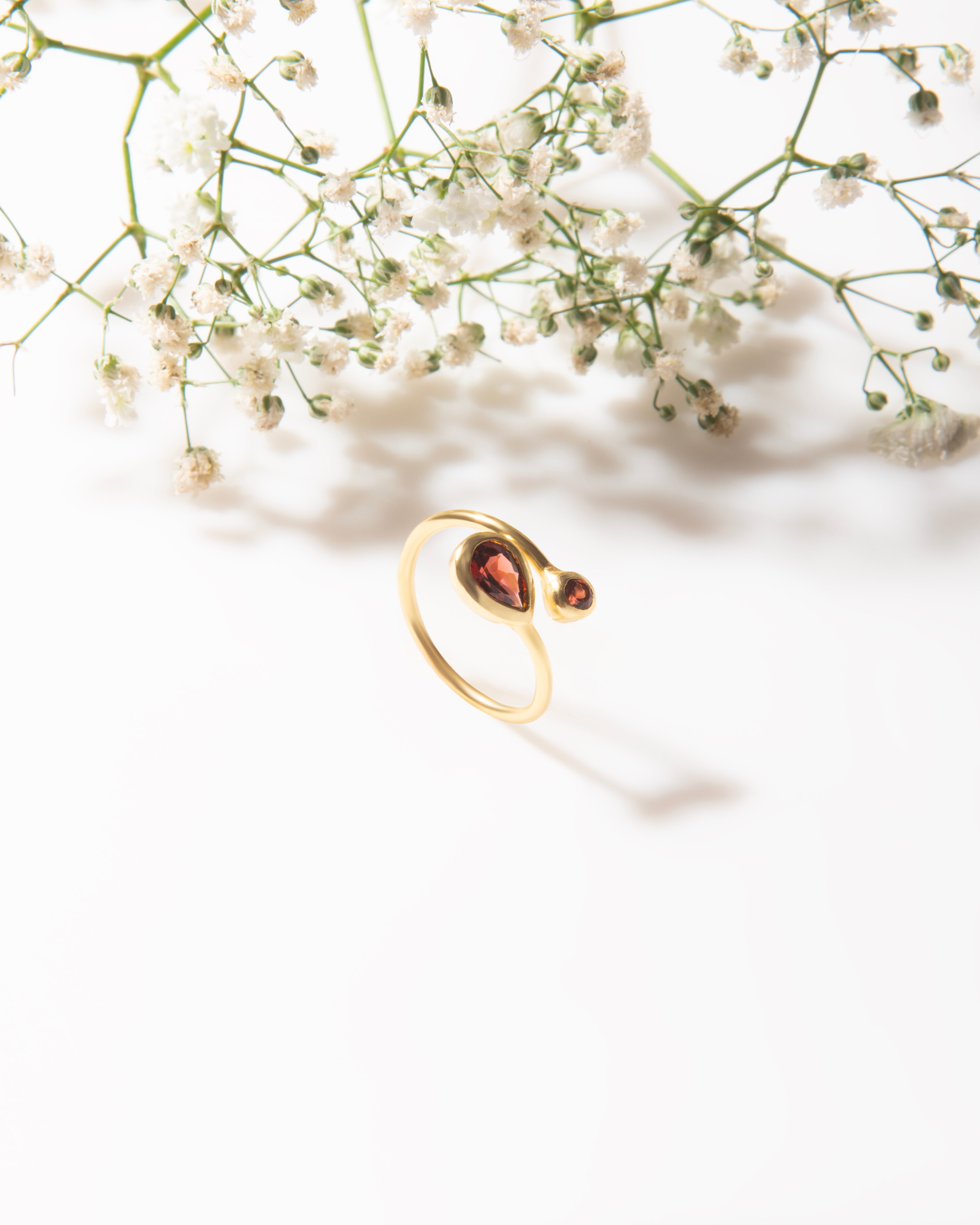 Handmade Garnet Open Ring: 18k Gold Plated Teardrop Crystal, Adjustable