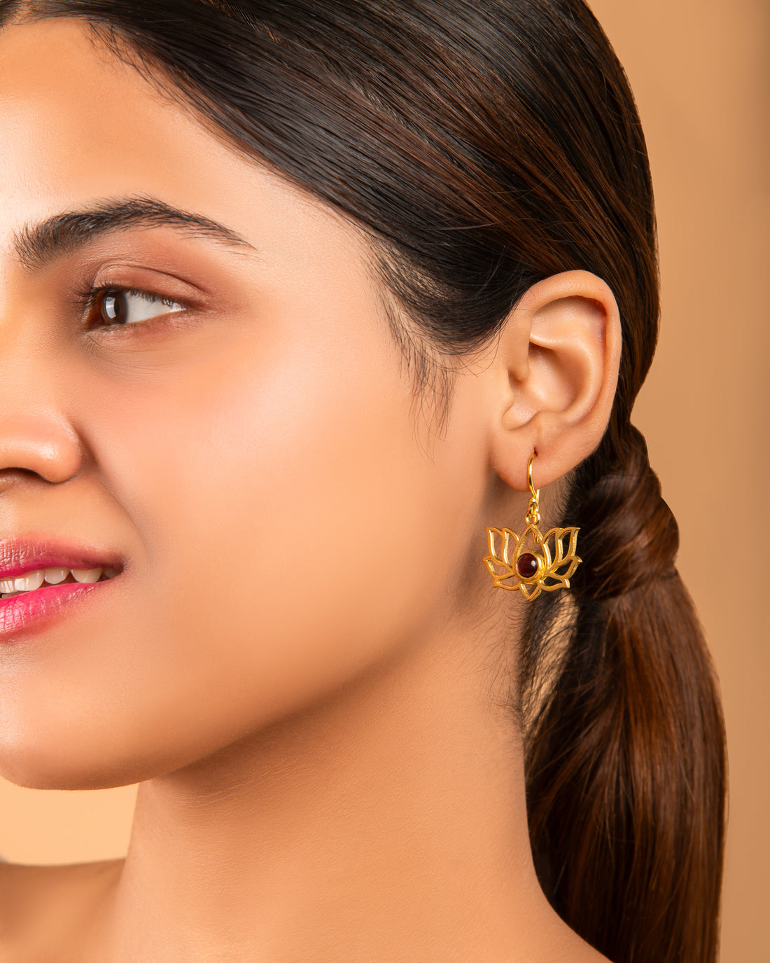 Lotus Flower Earrings with Amethyst Stone 18K Gold Plated Hoop Earrings