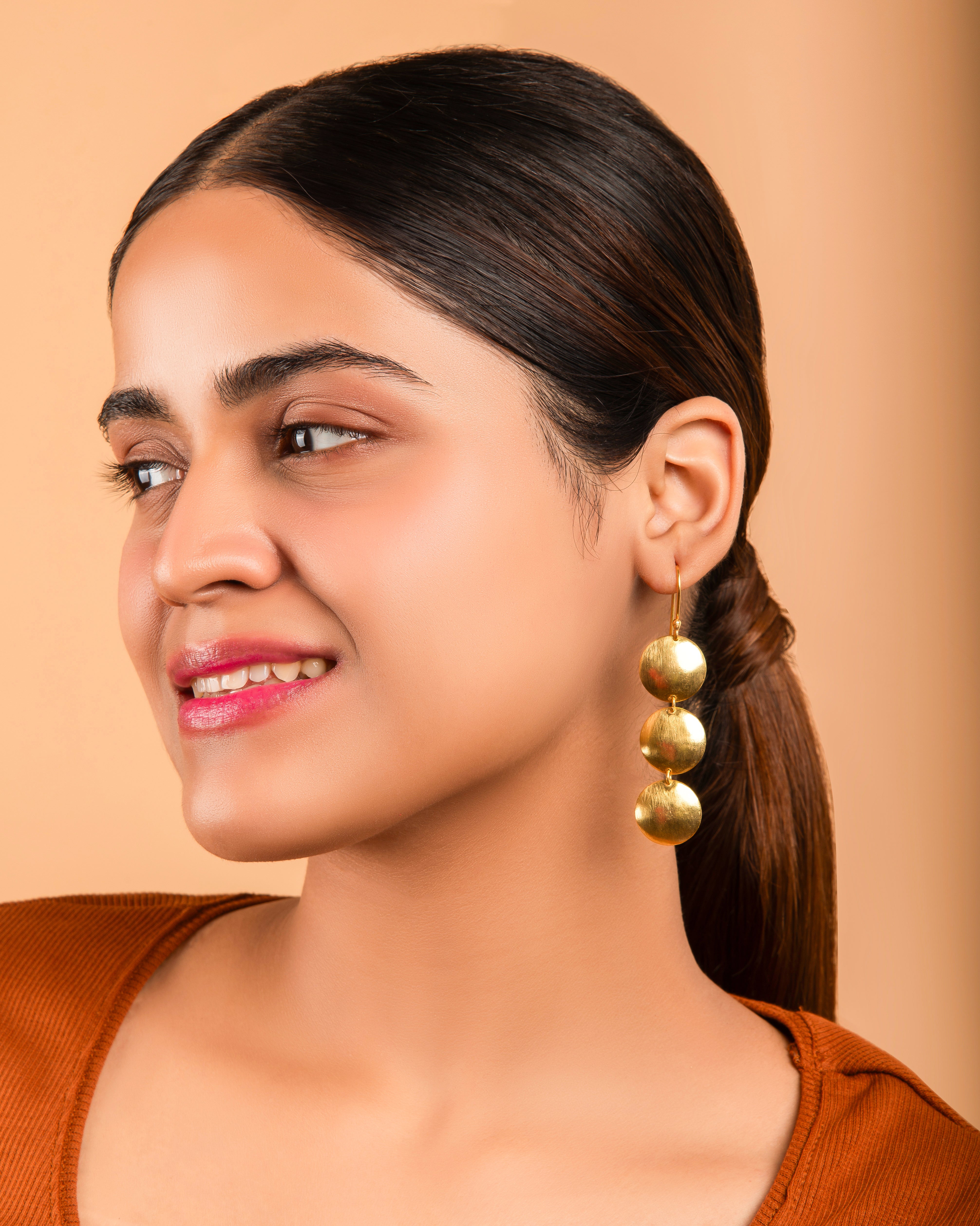 Triple Disc Earrings 18k Gold Plated Brass Circle Dangles