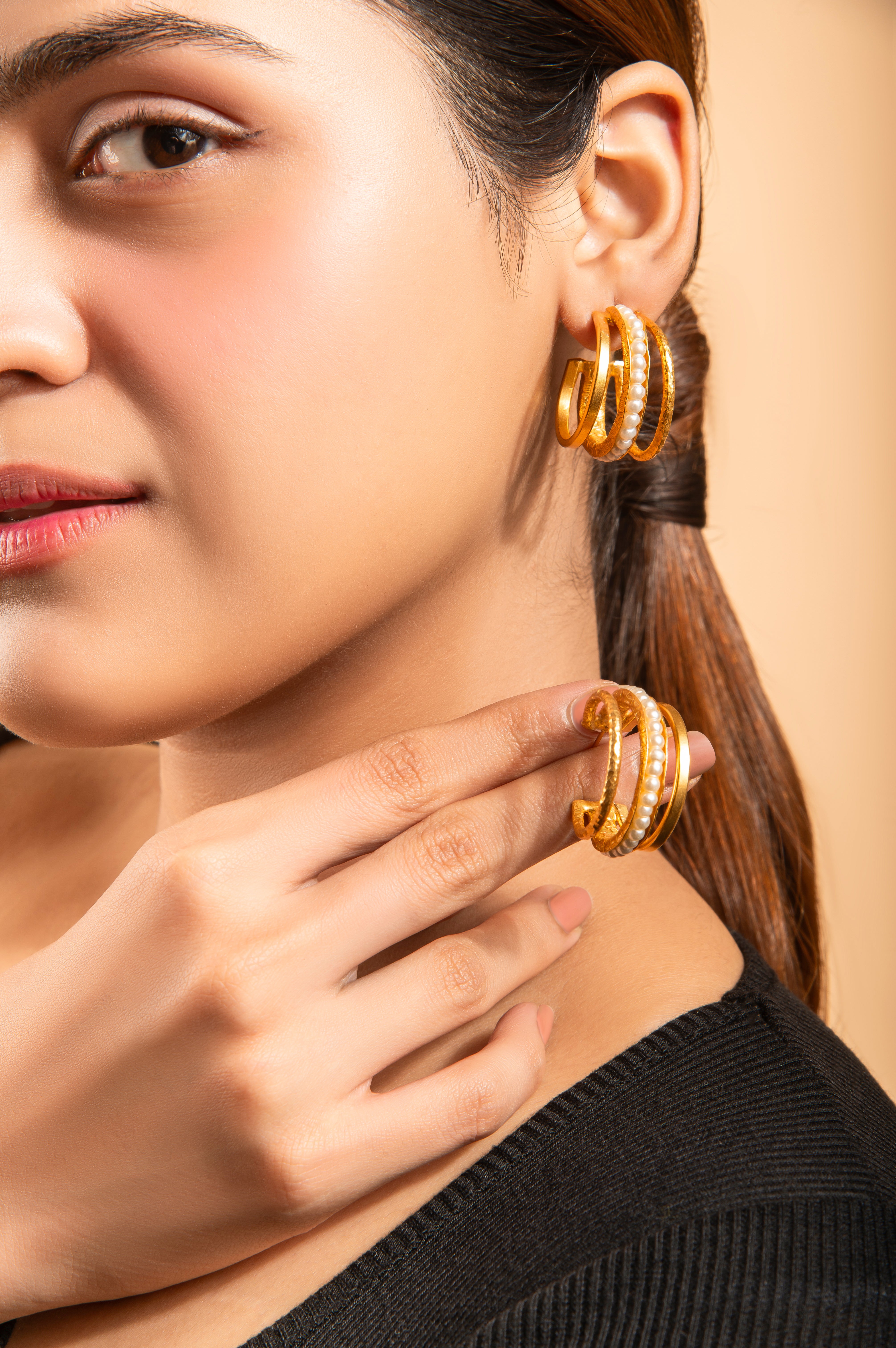 18K Gold Plated C Shape Pearl Earrings Multi Layered Brass Hoops