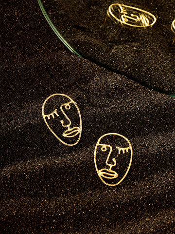 Winking Face Earrings 18K Gold Plated Picasso Face Line Art Studs