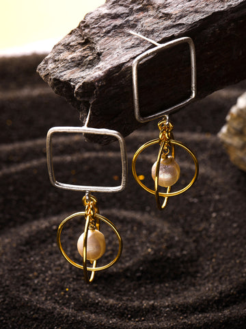 Square Hoop Pearl Drop Earrings 18K Gold Plated